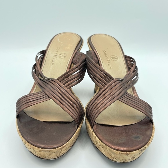 Cole Haan Sz 7B Copper Metallic Cork Wedge Platform Sandals Slip On S2 - Picture 2 of 7